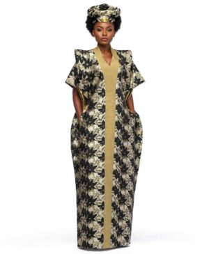 A model wearing a luxury sage green and gold metallic floral brocade kaftan with structured power shoulders and a matching crown headwrap.