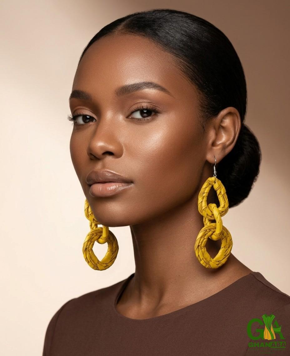 Handmade Woven Yellow Chain Link Statement Drop Earrings - Image 2